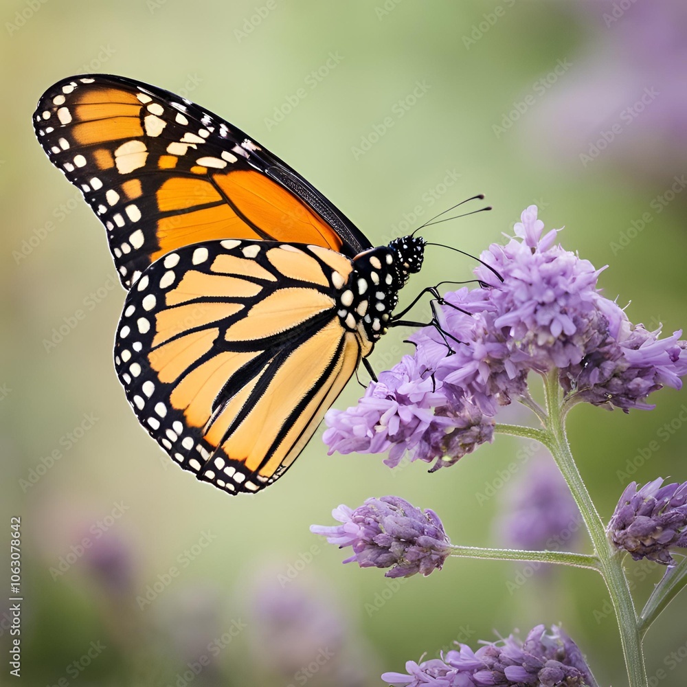 Profile of Monarch Butterfly on Flower with Soft Lavender and Pale Green Blurred Background
Profile of Monarch Butterfly on Flower with Soft Lavender and Pale Green Blurred Background