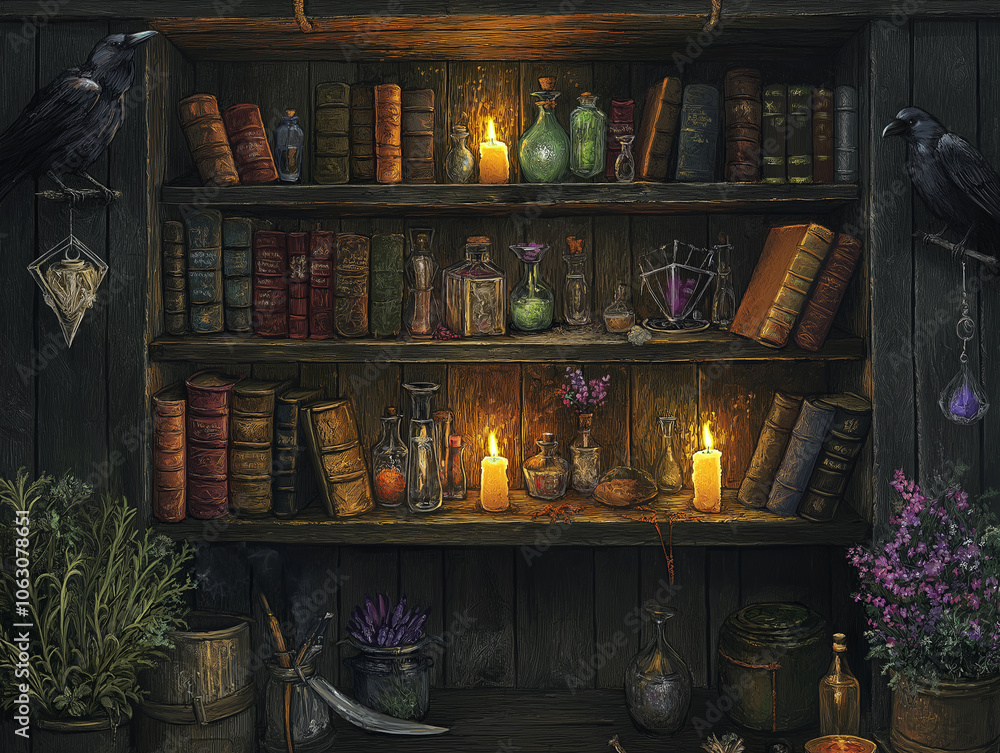 A magical library with shelves full of spellbooks and elixirs A magical library with shelves full of spellbooks and elixirs