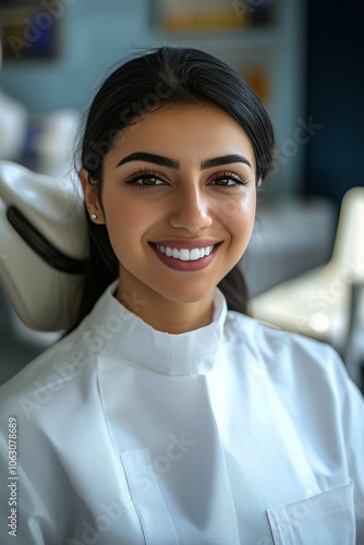 A smiling young woman in a dental clinic wearing a white coat sitting in a dental chair, exuding confidence and friendliness