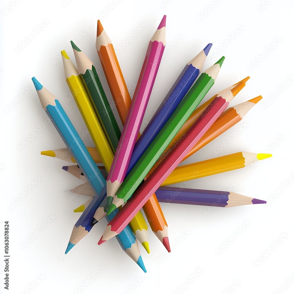 Naklejka premium A pile of brightly colored pencils on a white background.