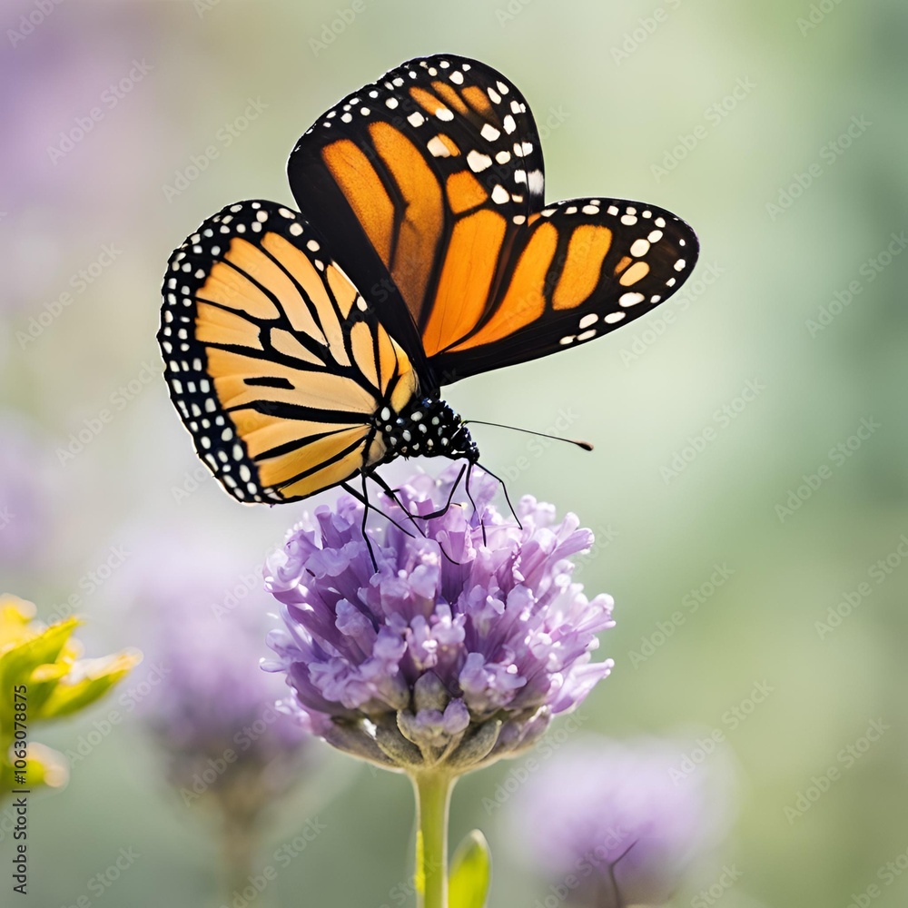 Fototapeta premium Profile of Monarch Butterfly on Flower with Soft Lavender and Pale Green Blurred Background