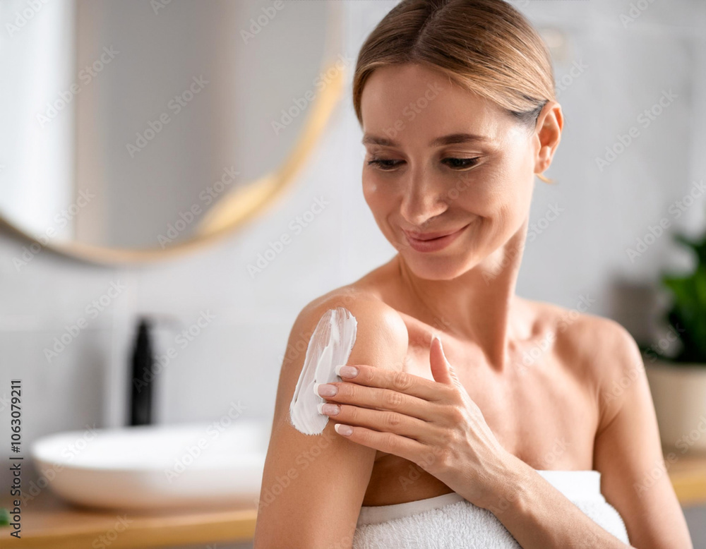 Happy smiling woman applying white moisturizer cream on shoulder after home shower take cae body Happy smiling woman applying white moisturizer cream on shoulder after home shower take cae body