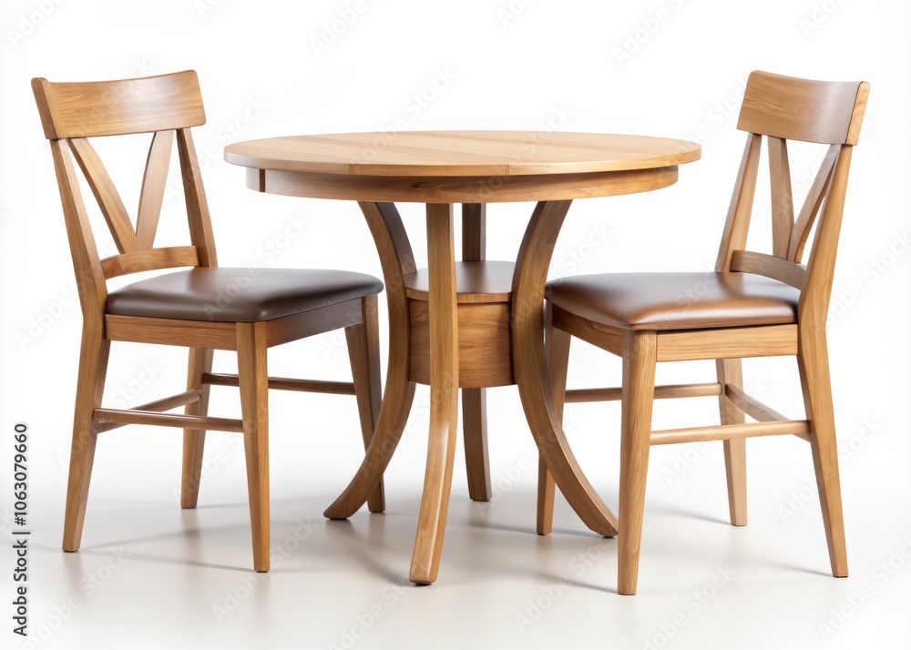 Elegant Round Wooden Table with Two Chairs on a White Background - Perfect for Interior Design, Furniture Catalogs, and Home Decor Inspiration Elegant Round Wooden Table with Two Chairs on a White Background - Perfect for Interior Design, Furniture Catalogs, and Home Decor Inspiration