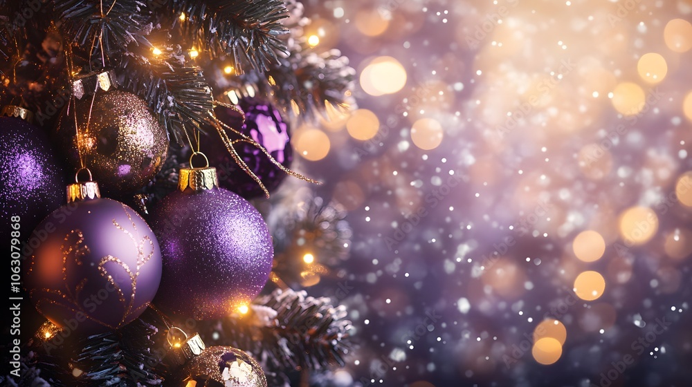 Close-up of Purple and Gold Christmas Ornaments on a Decorated Christmas Tree with Twinkling Lights and a Blurred Background Close-up of Purple and Gold Christmas Ornaments on a Decorated Christmas Tree with Twinkling Lights and a Blurred Background