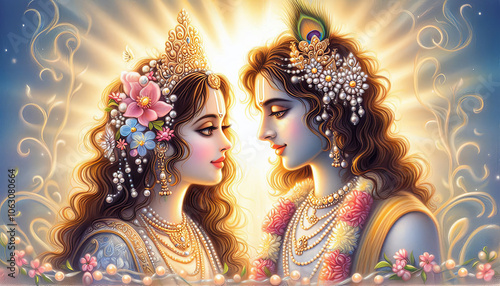 Krishna and Radha look at each other tenderly