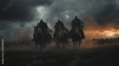 wide shot of four armored warriors on black horses, faces hidden by dark masks, charging through a dusty terrain, with a stormy sky, thousands of horses in the distance, cinematic, dramatic, 4k, 11mm photo