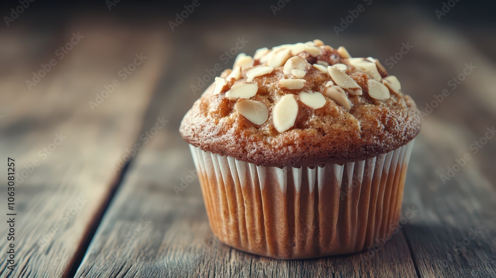 Delicious muffin topped with crunchy almonds, perfect for breakfast or a sweet snack. Delicious muffin topped with crunchy almonds, perfect for breakfast or a sweet snack.