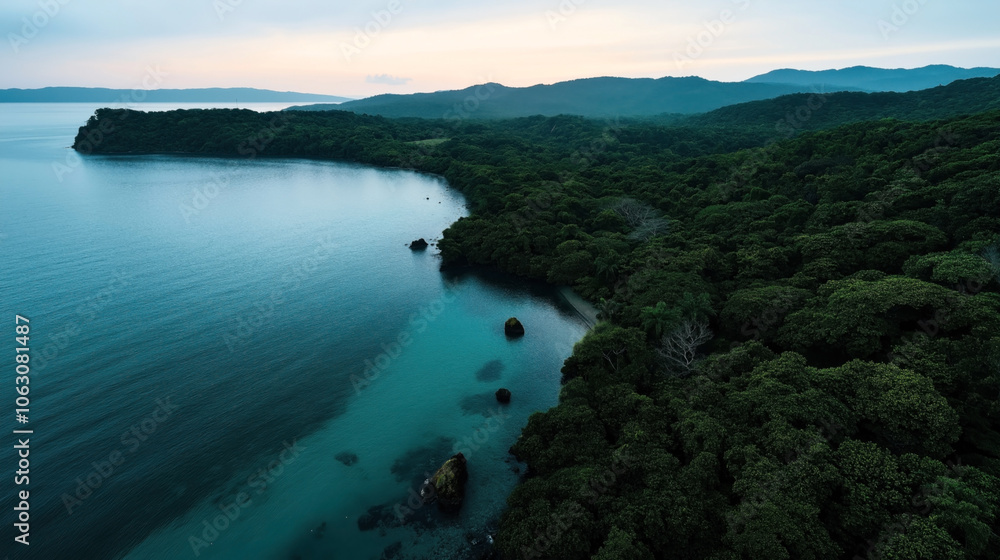 Scenic aerial view of a lush green coastal forest meeting calm turquoise waters under a serene sky at sunset, with distant rolling hills on the horizon. Scenic aerial view of a lush green coastal forest meeting calm turquoise waters under a serene sky at sunset, with distant rolling hills on the horizon.