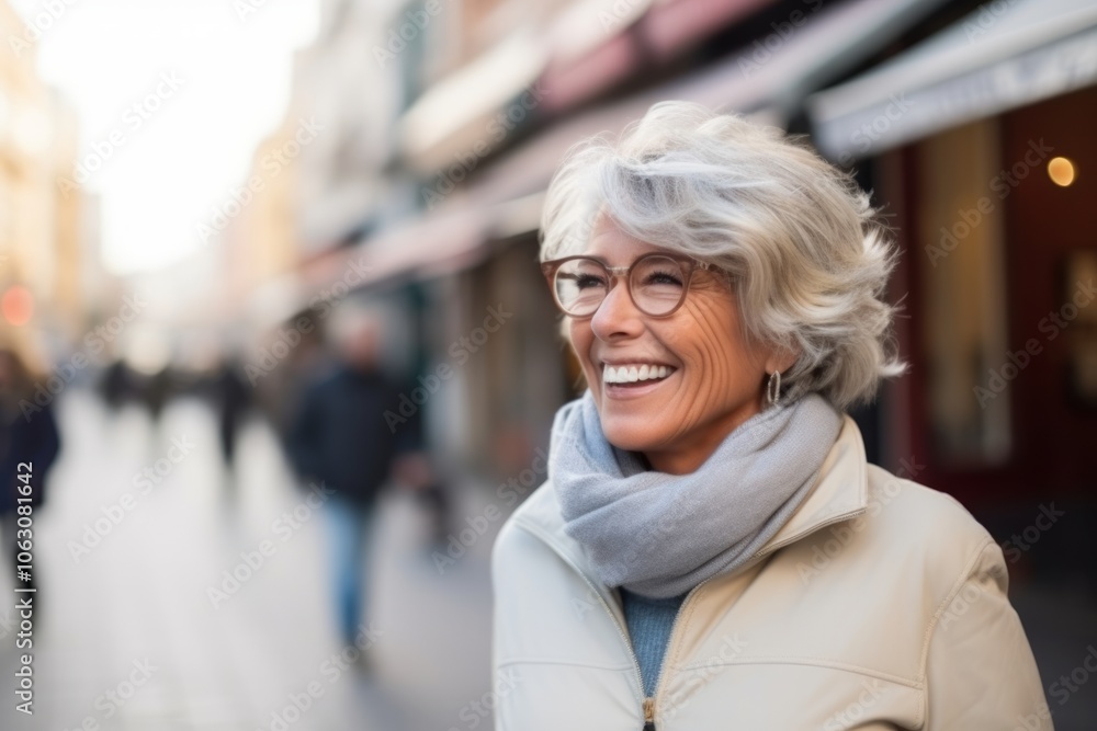 Portrait of a happy senior woman walking in the street (shallow DOF) Portrait of a happy senior woman walking in the street (shallow DOF)