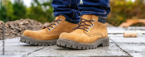 Close-up of sturdy brown work boots on a construction site, set against a blurred background of gravel and natural elements.