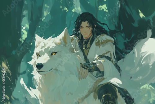 A mystical forest encounter with a young warrior and a majestic white wolf under enchanted trees at dawn