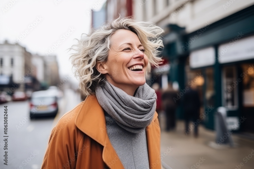 Portrait of a happy mature woman laughing on the street in the city Portrait of a happy mature woman laughing on the street in the city