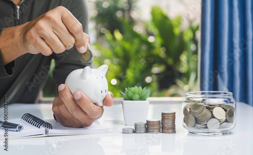 Hand with money coins in clear glass, Business investment growth concept, saving concept, Hand putting coin in clear jar.