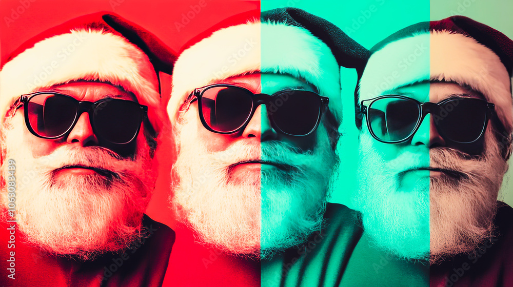 Santa Claus in Sunglasses: A modern twist on the classic Christmas icon, featuring Santa Claus in sunglasses against a bold, tri-color background. Santa Claus in Sunglasses: A modern twist on the classic Christmas icon, featuring Santa Claus in sunglasses against a bold, tri-color background.