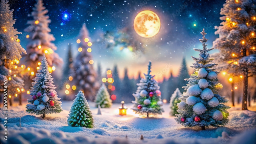 Enchanting Tilt-Shift Photography of a Snowy Forest on Christmas Night with Twinkling Lights and a Magical Winter Atmosphere Enchanting Tilt-Shift Photography of a Snowy Forest on Christmas Night with Twinkling Lights and a Magical Winter Atmosphere