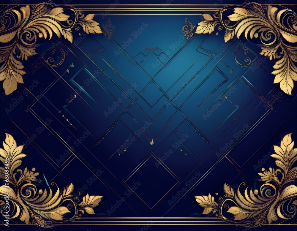 Obraz premium A stylish blue background featuring gold decorations in all corners, creating an ornate and classic look for event or certificate use