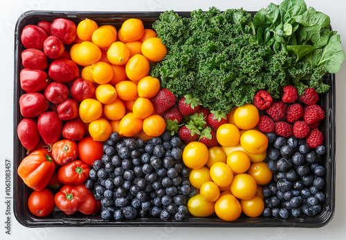 Colorful fruits and veggies on a tray. A colorful display of fresh fruits and veggies, including tomatoes, berries, and leafy greens.