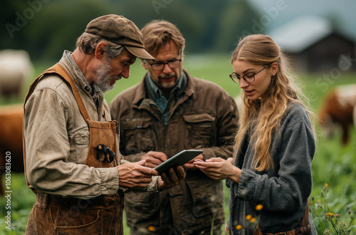 Farmers talking tech in a spring field. Three farmers gather to discuss agricultural technology while standing in a lush green field during springtime.