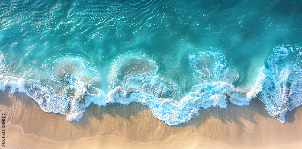 Aerial view of turquoise sea and beach with waves, summer background for banner or wallpaper, drone photo from above