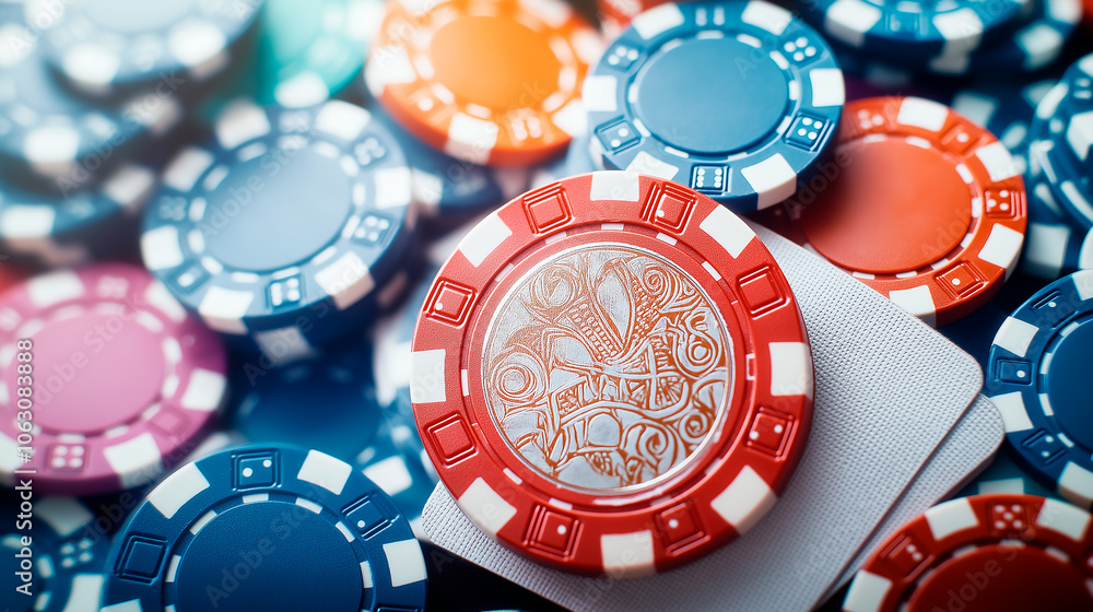 on the gambling table in the casino are poker chips, dice and cards on the gambling table in the casino are poker chips, dice and cards
