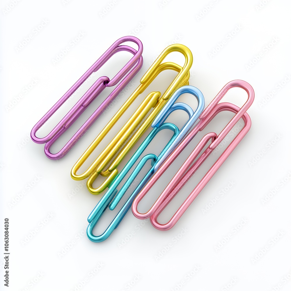 Four colorful paperclips stacked on a white background. Four colorful paperclips stacked on a white background.
