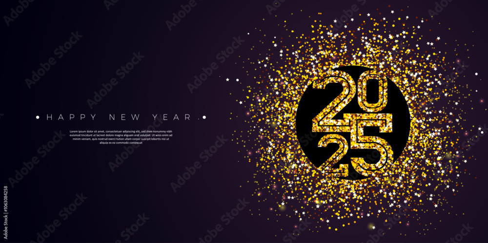 Happy New Year 2025 Banner Illustration with Gold Glittered Number on Dark Background. Christmas Holiday Design with Typography Lettering for Flyer, Greeting Card, Celebration Poster, Party invitation Happy New Year 2025 Banner Illustration with Gold Glittered Number on Dark Background. Christmas Holiday Design with Typography Lettering for Flyer, Greeting Card, Celebration Poster, Party invitation