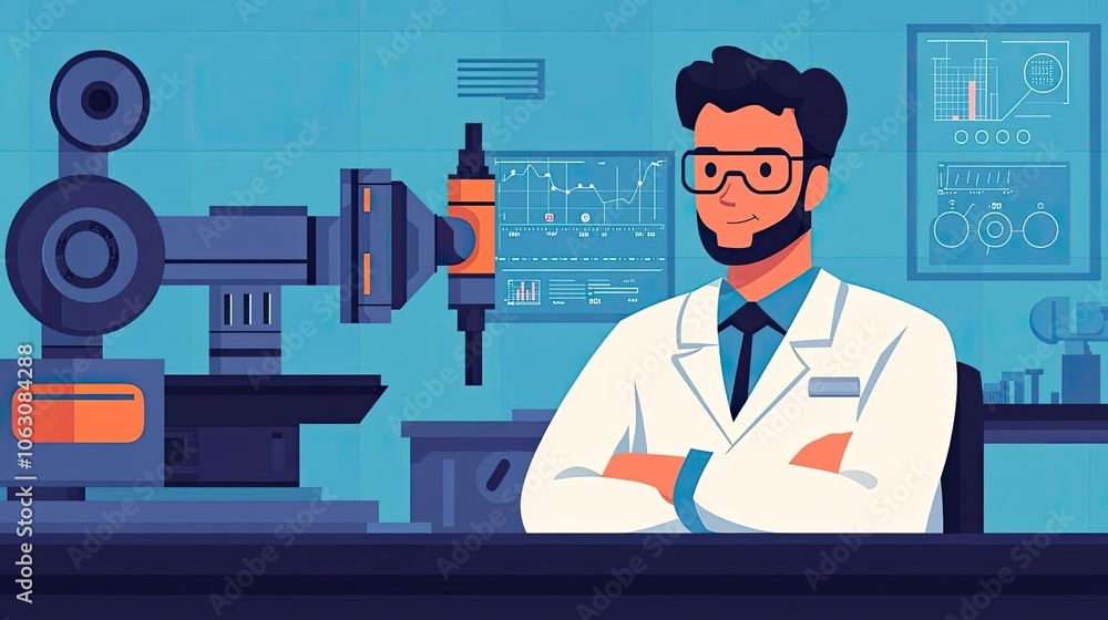 Illustration of a confident scientist in a lab coat, standing in a high-tech laboratory with robotic equipment and scientific instruments. Illustration of a confident scientist in a lab coat, standing in a high-tech laboratory with robotic equipment and scientific instruments.