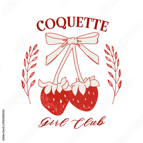 Vintage typography stylish slogan prints with coquette strawberries with bow. Coquette Girl Club. Vector illustration for posters, cards, logo, printing on t-shirt etc.