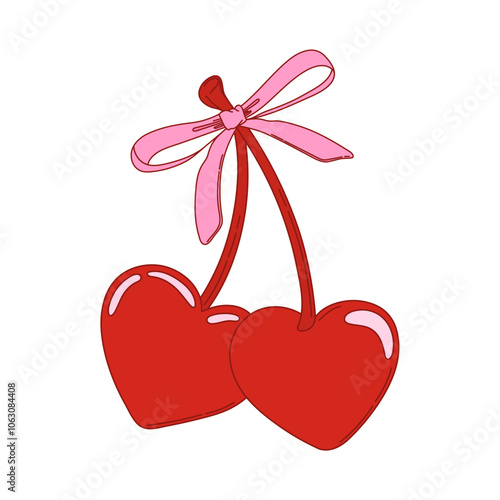 Coquette heart-shaped cherries with bow. Cherry with ribbon. Vector illustration for posters, cards, logo, printing on t-shirt etc.