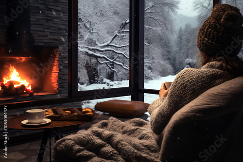 Cozy winter evening by the fireplace with a warm drink and cookies in a cabin surrounded by snow-covered trees