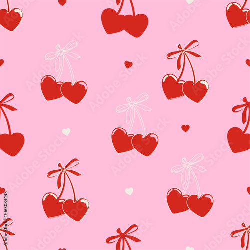 Seamless abstract pattern with cherries and coquette bows on pink background. Heart-shaped cherries with various ribbons. Editable vector illustration for wrapping paper, packaging, fabric etc.