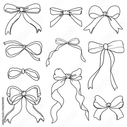 Set of coquette linear bow knots, gift ribbons. Trendy hair braiding accessories. Bow knots for gift wrapping, party decoration, present. Black and white outline bows. Vector illustration.
