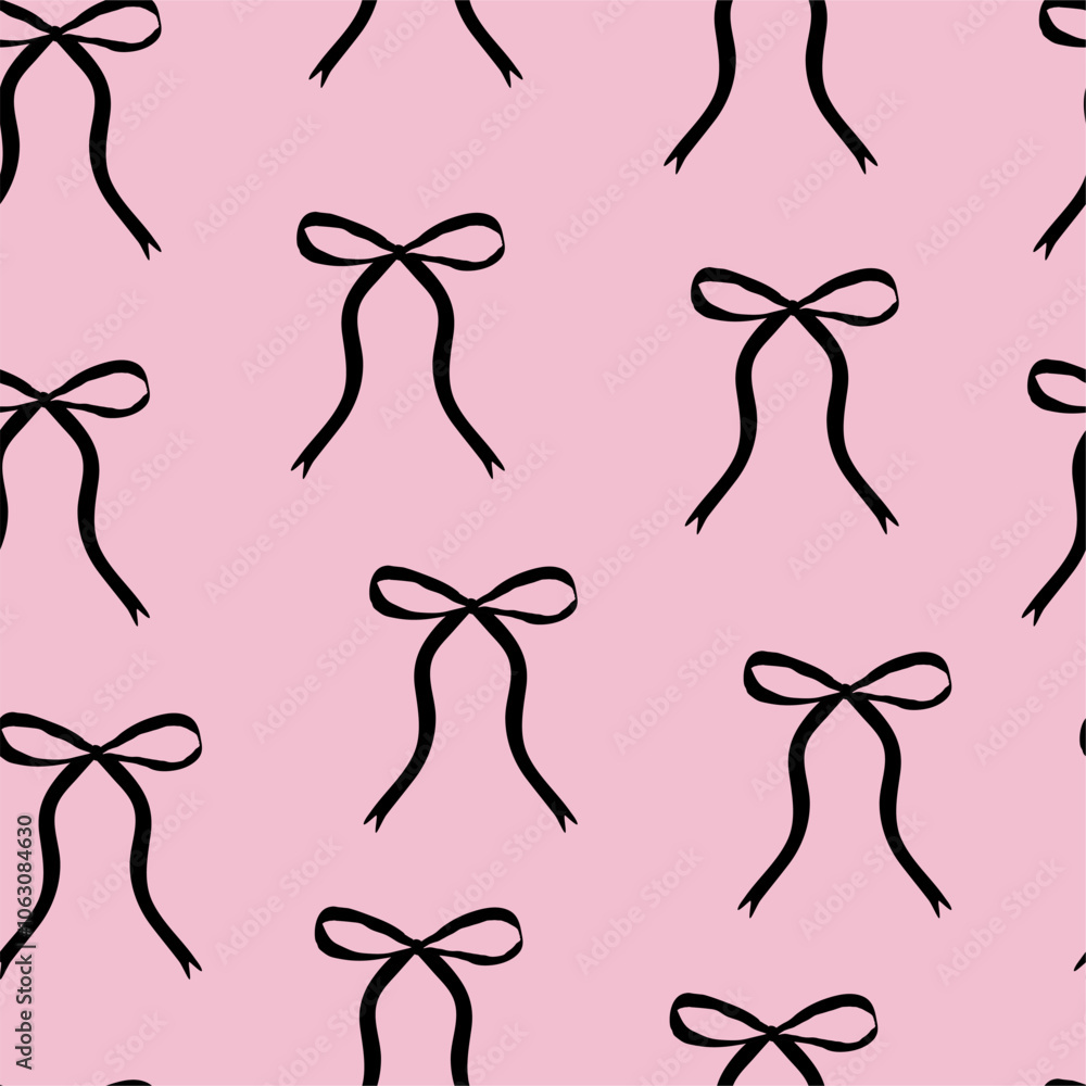 Seamless pattern with black bow knots. Elegance print design. Trendy hair braiding accessory on pink background. Vector illustration for wrapping paper, packaging, fabric, wallpaper, phone case etc. Seamless pattern with black bow knots. Elegance print design. Trendy hair braiding accessory on pink background. Vector illustration for wrapping paper, packaging, fabric, wallpaper, phone case etc.
