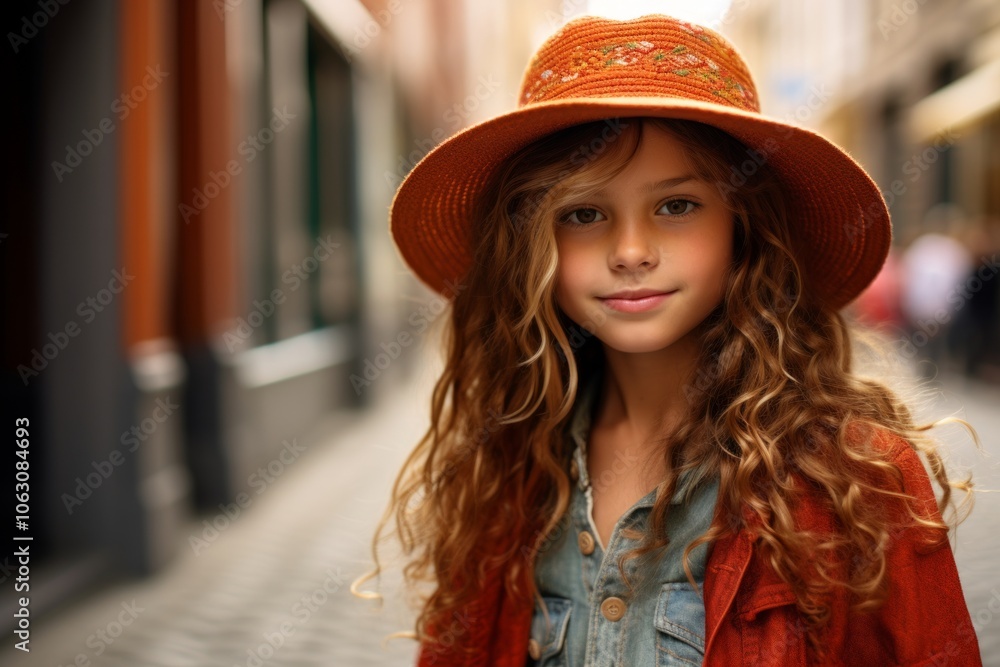 Portrait of a cute little girl in a hat on the street. Portrait of a cute little girl in a hat on the street.