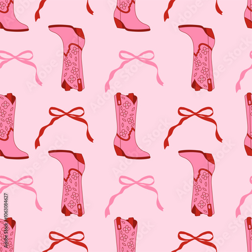 Seamless cowgirl pattern with bow knots and cowboy boots. Coquette romantic aesthetic. Editable vector illustration for wrapping paper, packaging, fabric, wallpaper, phone case etc. 