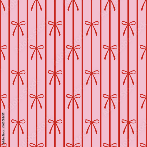 Seamless pattern with red bow knot on striped pink background. Trendy hair braiding accessory. Editable vector illustration for wrapping paper, packaging, fabric, room decor, phone case etc.