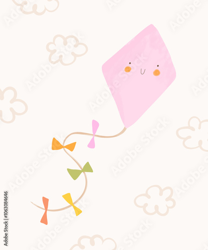 Cute Pink Kite With a Tail Decorated With Colorful Bows, Flies Among The Clouds. Happy Kite and Fluffy Clouds on a Beige Background. Lovely Hand Drawn Nursery Vector Art. Kids' Room Decoration. 