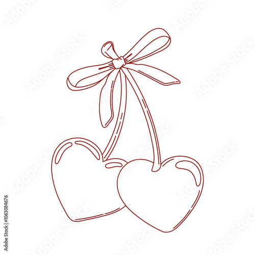 Coquette heart-shaped cherries with bow. Black and white contour line cherry icon. Page color kids. Vector illustration.