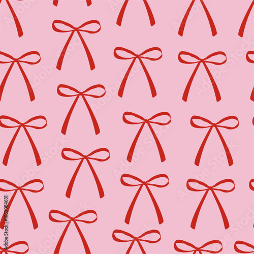 Seamless pattern with red bow knots. Mesh of satin ribbons. Elegance print design. Editable vector illustration for wrapping paper, packaging, fabric, wallpaper, phone case etc.