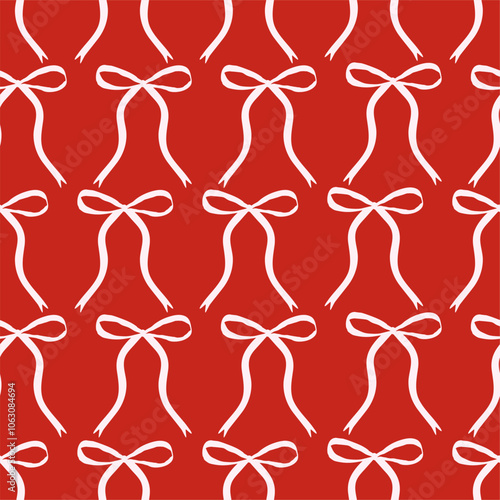 Seamless pattern with pink bow knots. Elegance print design. Trendy hair braiding accessory on red background. Vector illustration for wrapping paper, packaging, fabric, wallpaper, phone case etc.