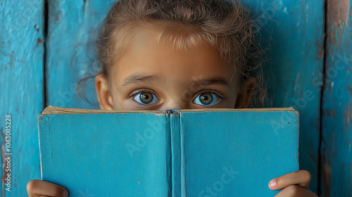 little girl child reads a blue book and looks out from behind it, eyes and a smile are visible, school tomorrow.