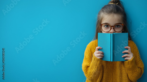little girl child reads a blue book and looks out from behind it, eyes and a smile are visible, school tomorrow.