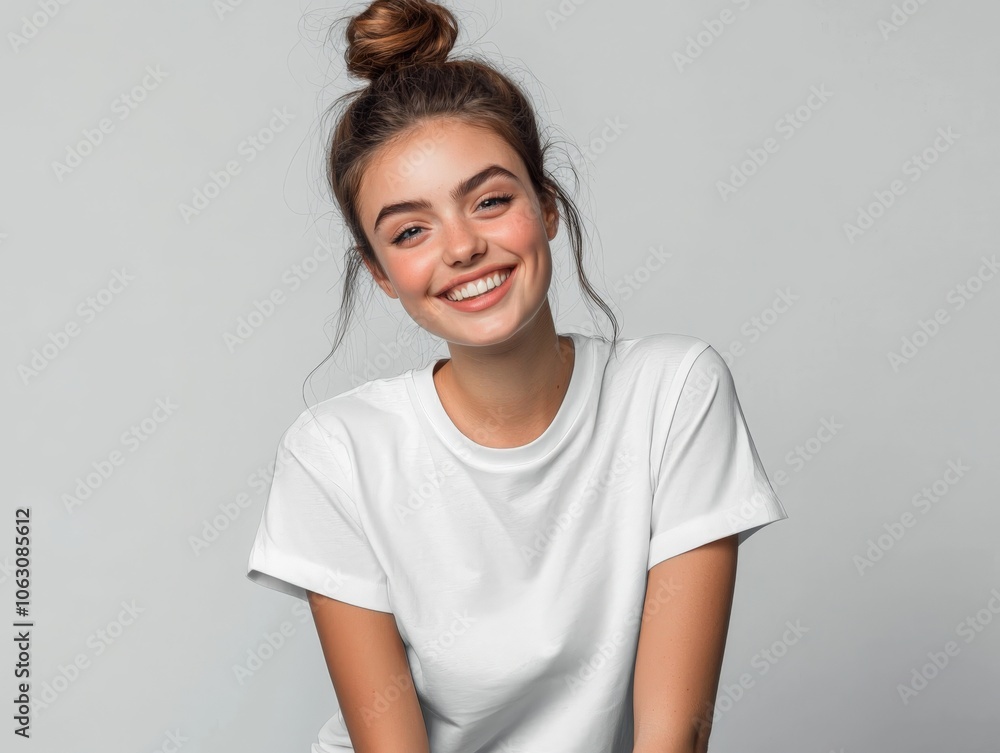 white t-shirt mockup - a young woman with a messy bun on a studio background white t-shirt mockup - a young woman with a messy bun on a studio background