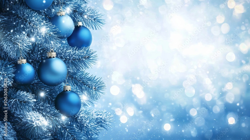 Christmas tree with blue ornaments. The lights are out of focus, creating a dreamy effect. Christmas tree with blue ornaments. The lights are out of focus, creating a dreamy effect.