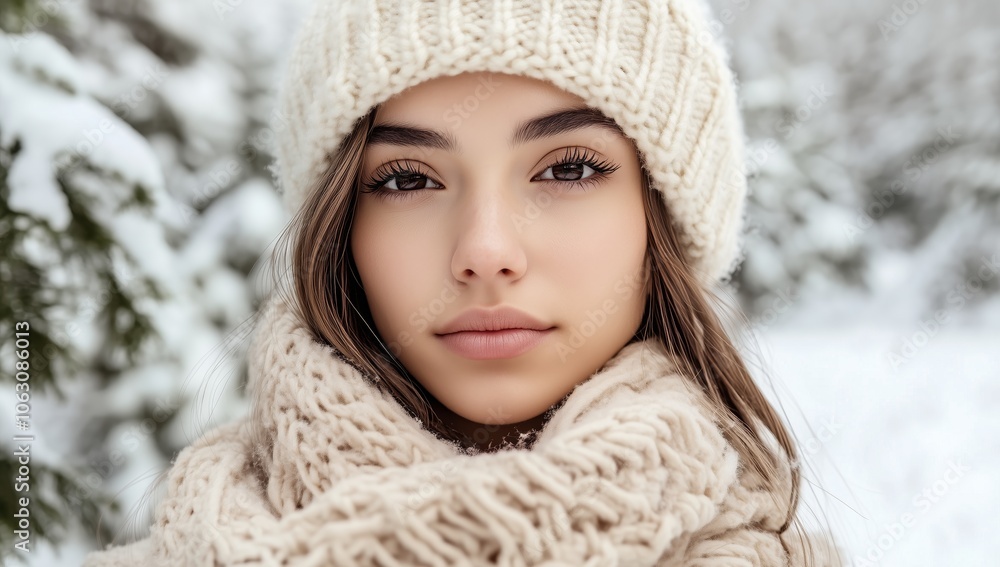 Portrait of a smiling woman in winter attire with a cozy hat and scarf, enjoying snowfall in a serene winter landscape. Portrait of a smiling woman in winter attire with a cozy hat and scarf, enjoying snowfall in a serene winter landscape.