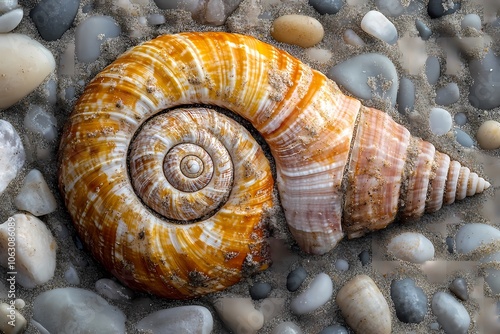 A spiral shell lying on the beach, surrounded by pebbles