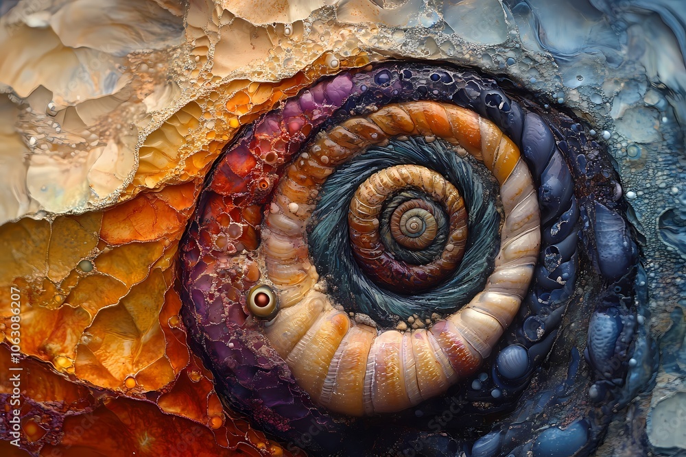 A spiral shell, made of various materials and colors, with an eye in the center. The background is a textured surface with natural elements A spiral shell, made of various materials and colors, with an eye in the center. The background is a textured surface with natural elements