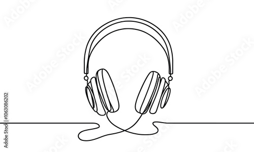 Headphones in continuous line drawing style. black line sketch, linear design isolated on white background. Hand drawn vector illustration.