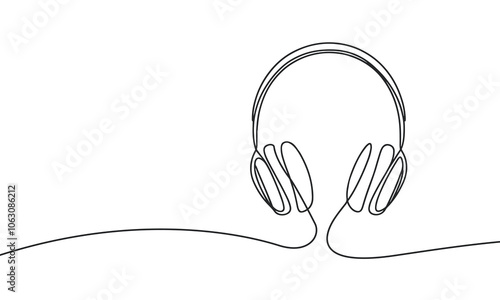 Headphones in continuous line drawing style. black line sketch, linear design isolated on white background. Hand drawn vector illustration.