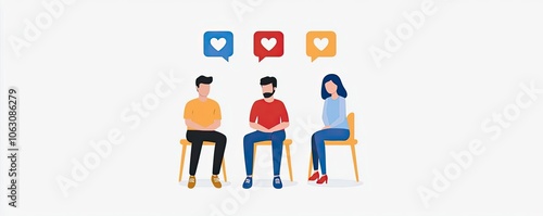 Free Download Three people sitting on chairs engaged in a conversation with speech bubbles showing heart icons, ideal for social interaction themes. - GFXLoad